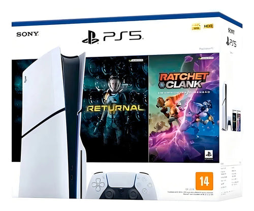 Imagem 1 de 6 de Console PlayStation 5 Midia Fisica Slim Branco 1TB Returnal e Ratchet e Clank Controle Sem Fio Dualsense Branco